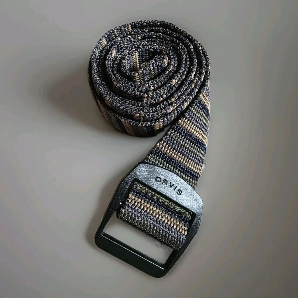 Orvis Mens Webbed Belt 34 Striped Nylon Woven Outdoor Hiking Casual Olive Tan
